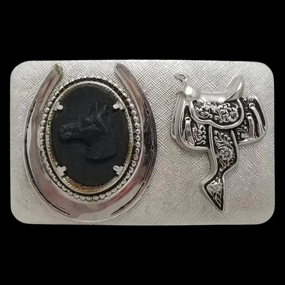 Vintage‎ Belt Buckle Embossed Horseshoe Horse Head Horse Saddle Western Cowboy